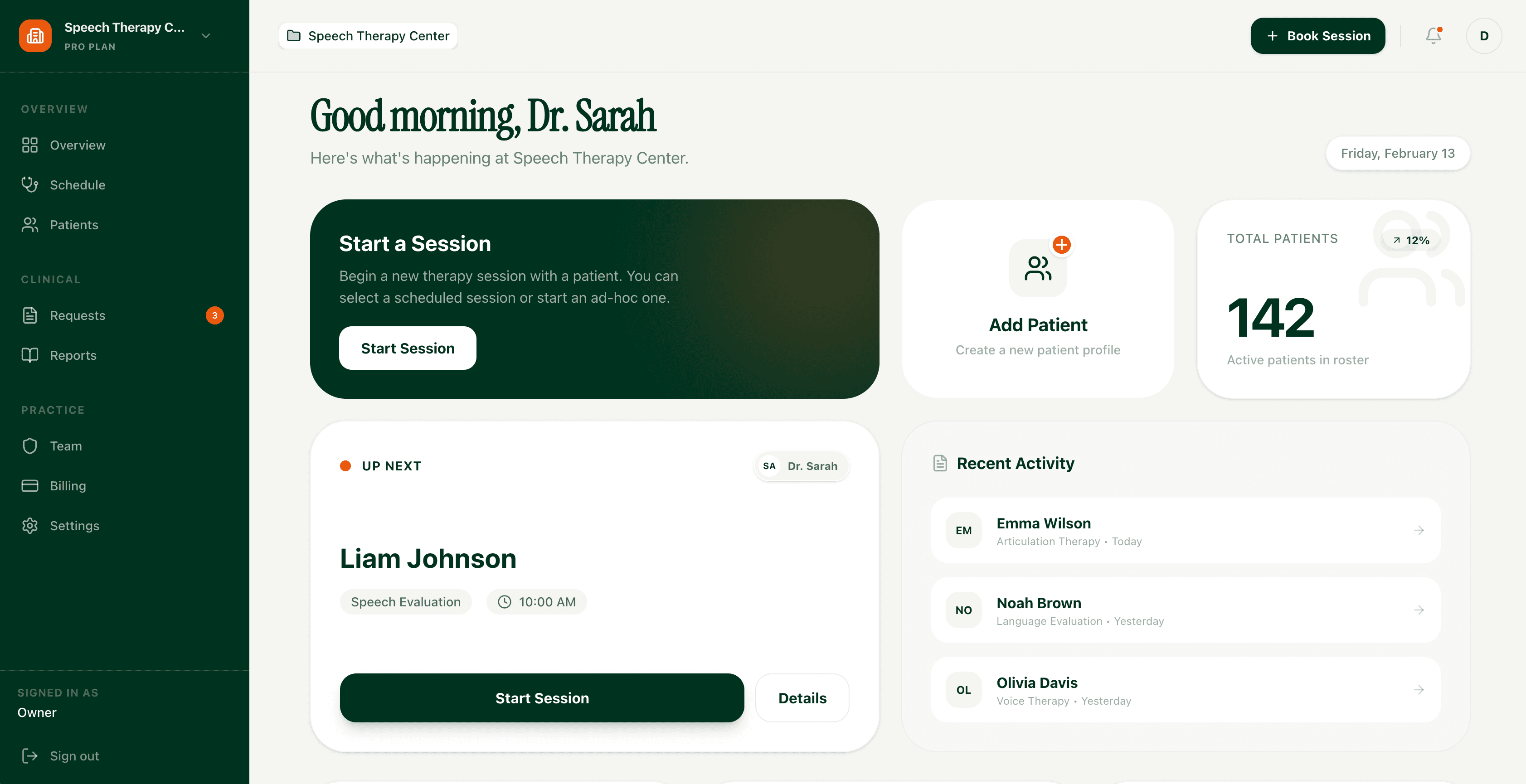 RelyCare product dashboard for speech therapy clinics