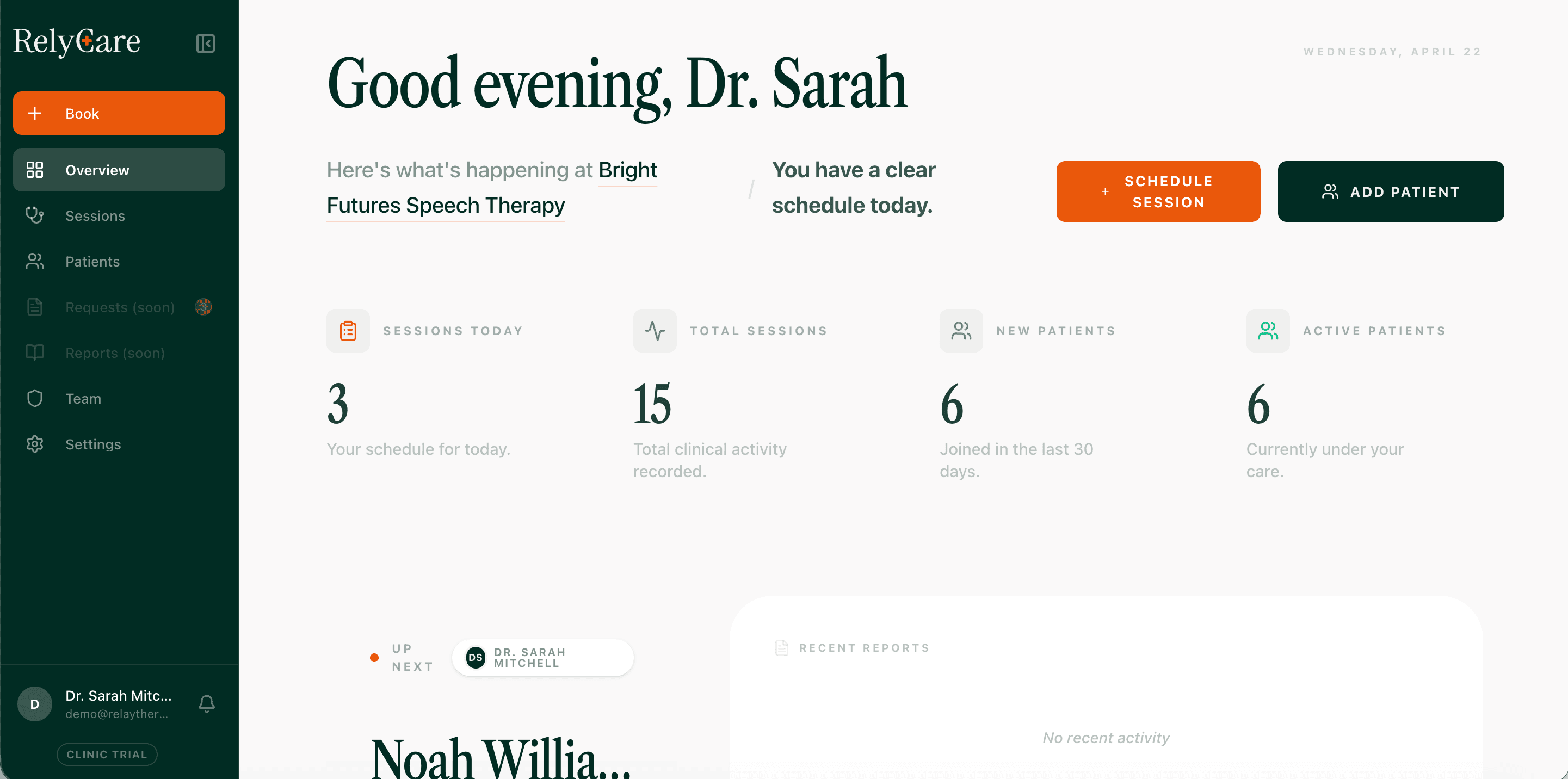 RelyCare product dashboard for speech therapy clinics