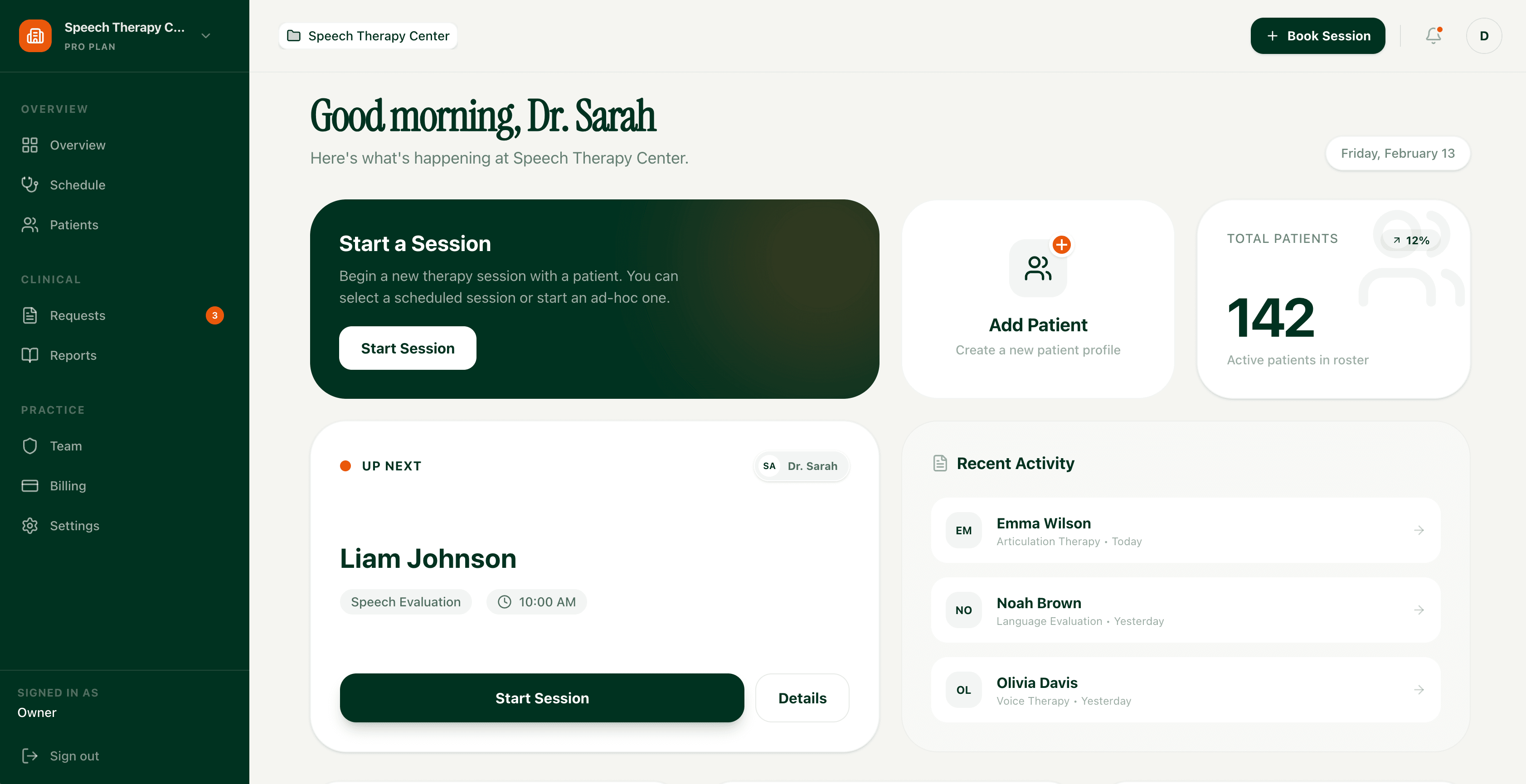 RelyCare AI speech therapy software dashboard showing automated SOAP notes